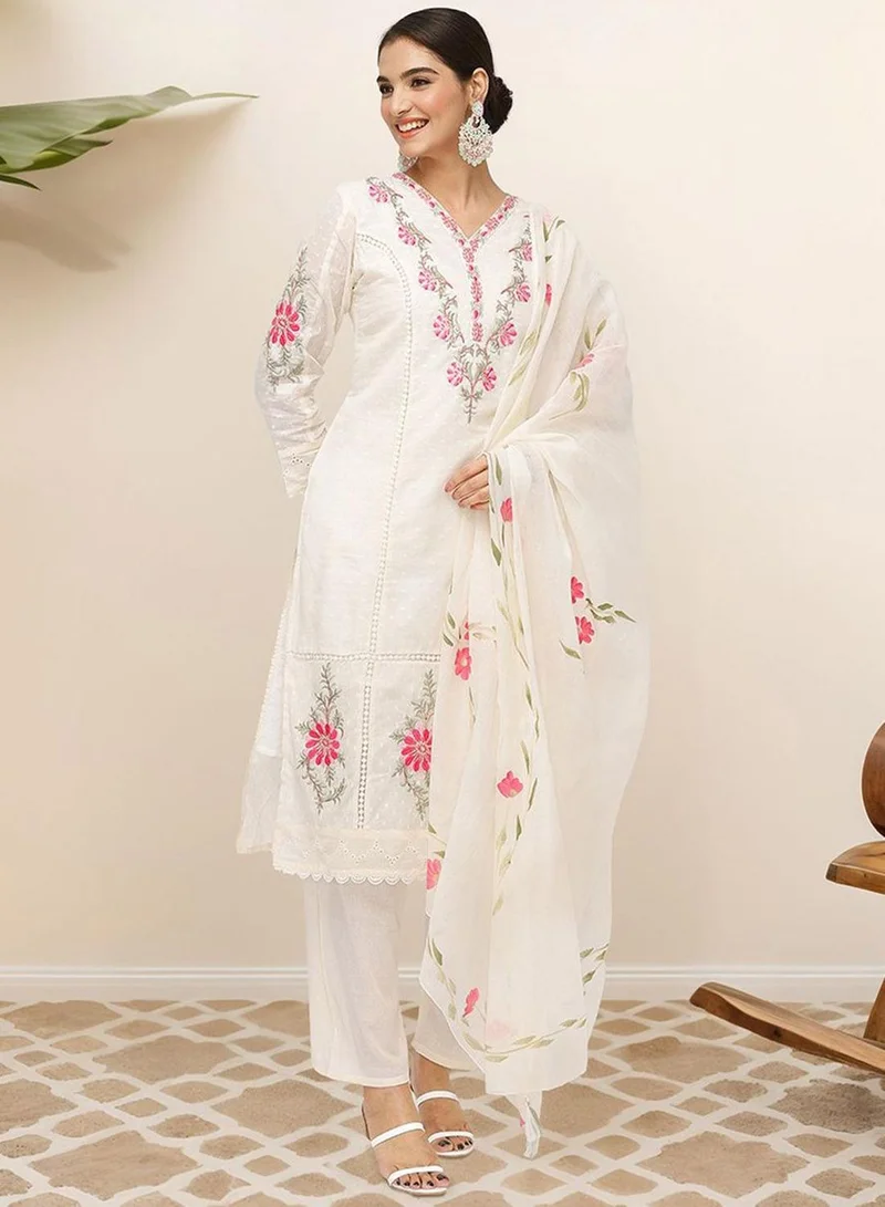 ISHIN Women's Off White 100% Cotton Embellished Tunic Full Length Casual Straight Fit Kurta Set